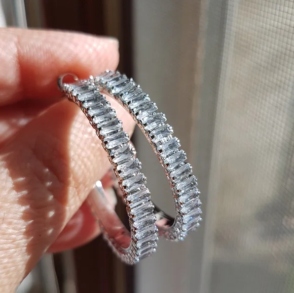 Swarovski Elements Platinum Plated Large Baguette Hoop Earrings NEW - Picture 8 of 17